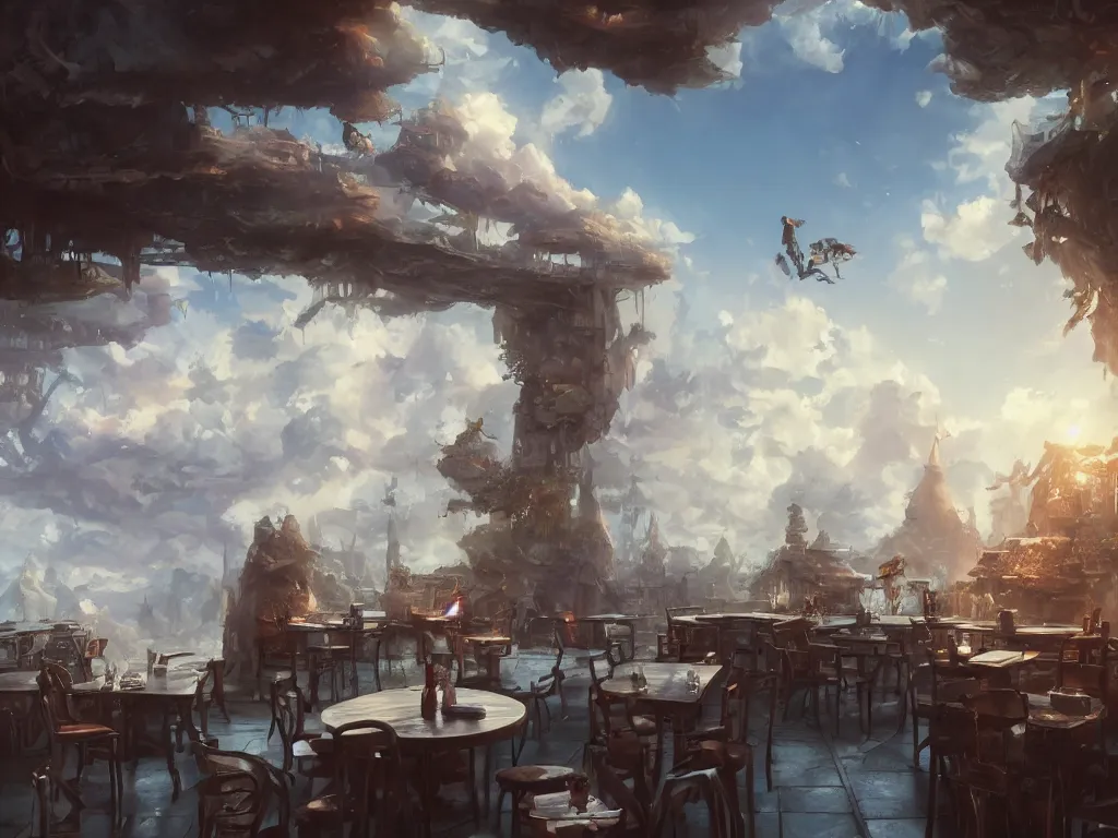 Image similar to cafe made of clouds, fantasy, artwork, aesthetic, calming, hd, hdr, ue5, ue6, unreal engine 5, cinematic, 4k wallpaper, 8k ultra, by Greg Rutkowski and Jesper Ejsing and Raymond Swanland and alena aenami, featured on artstation, wide angle