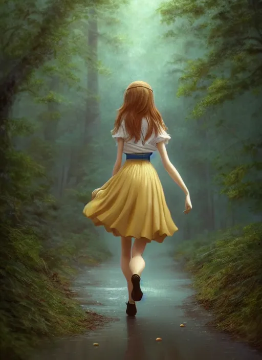 Image similar to young woman walking : : very short blue skirt : : magic raining forest nature : : weta disney pixar movie still photo : : decadent highly - detailed digital painting, full length shot, golden ratio, octane render, artstation, smooth, sharp focus, artgerm, mucha, loish, wlop, gogo