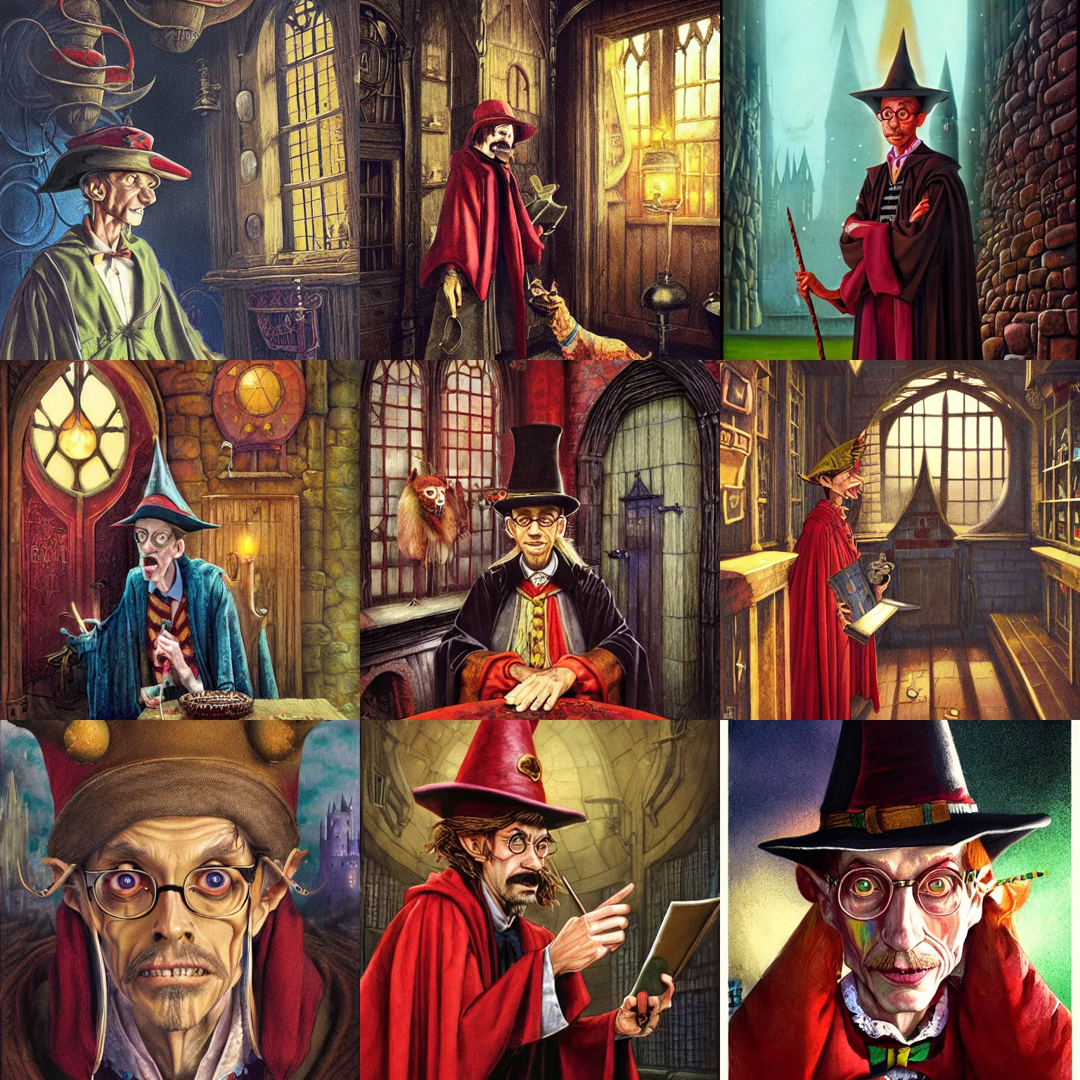 Prompt: portrait of Rincewind as a nervous, frightened in Hogwarts School of Witchcraft and Wizardry, detailed, hyperrealistic, colorful, cinematic lighting, digital art by Paul Kidby, J.Dickenson