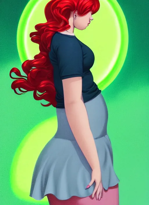 Image similar to full body portrait of teenage cheryl blossom, obese, bangs, green eyes, sultry, realistic, red hair, sultry smirk, wavy hair, pink skirt, fat, intricate, elegant, glowing lights, highly detailed, digital painting, artstation, concept art, smooth, sharp focus, illustration, art by wlop, mars ravelo and greg rutkowski