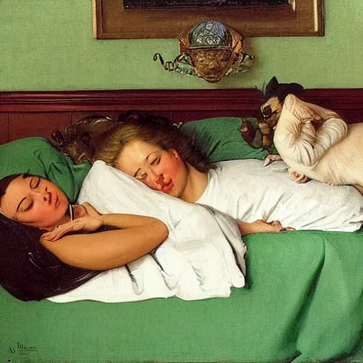 Prompt: two women sleeping in a white bed with green bedsheets in a room with light green walls, two women try to sleep while an anxious chihuahua floats above them, detailed oil painting, in the style of Norman Rockwell