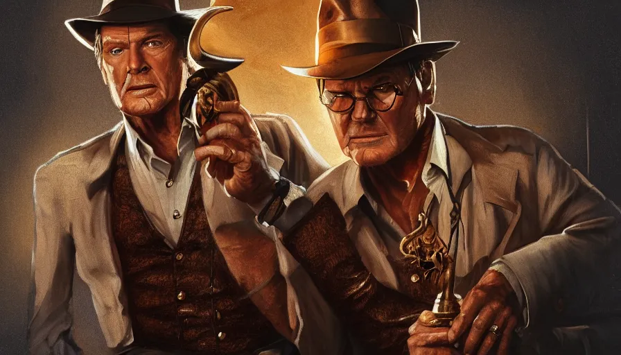 Prompt: roger moore as indiana jones holding a whip in left hand and holding a golden mayan skull in the right hand, grey background, hyperdetailed, artstation, cgsociety, 8 k