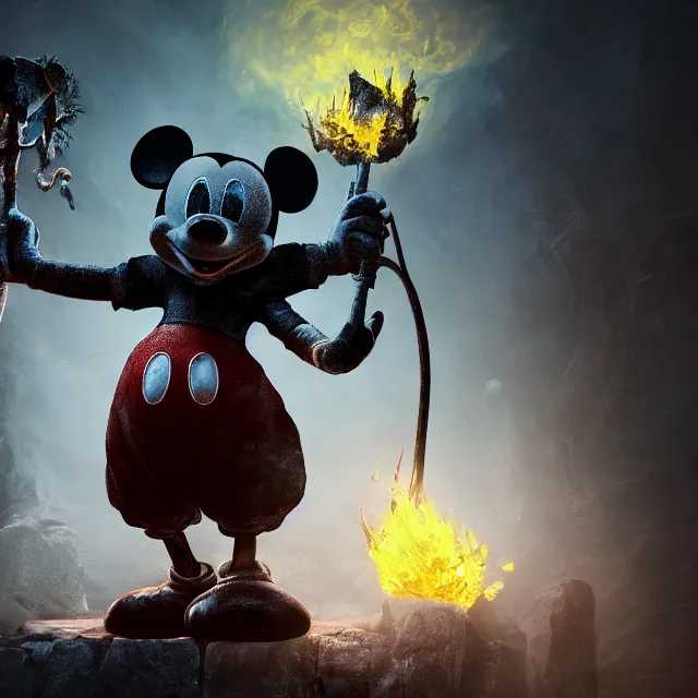 Prompt: mickey mouse reimagined as a monster boss in dark souls, dark cinematic, volumetric, realistic, cinematic lighting, ray tracing, unreal engine 5, unreal engine render, octane render, hyper realistic, photo, 8 k