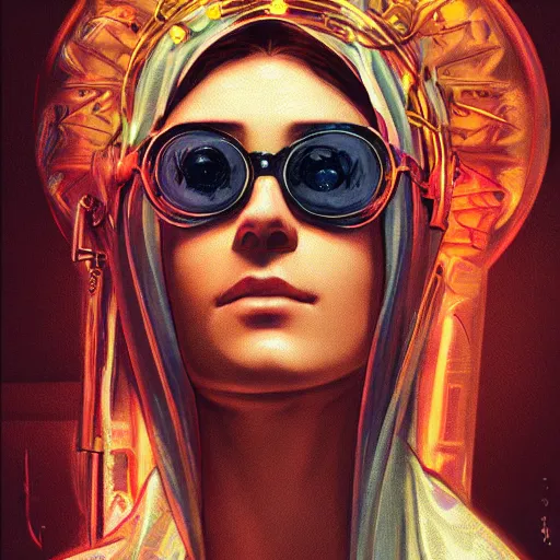 Prompt: A beautiful portrait of Maria the mother of jesus, neon sunglasses!, cyberpunk, photorealistic, detailed, soft light, (((alphonse mucha))), Masamune Shirow, Andrzej Marszalek, irwin penn, 8k, high definition, cinematic shot