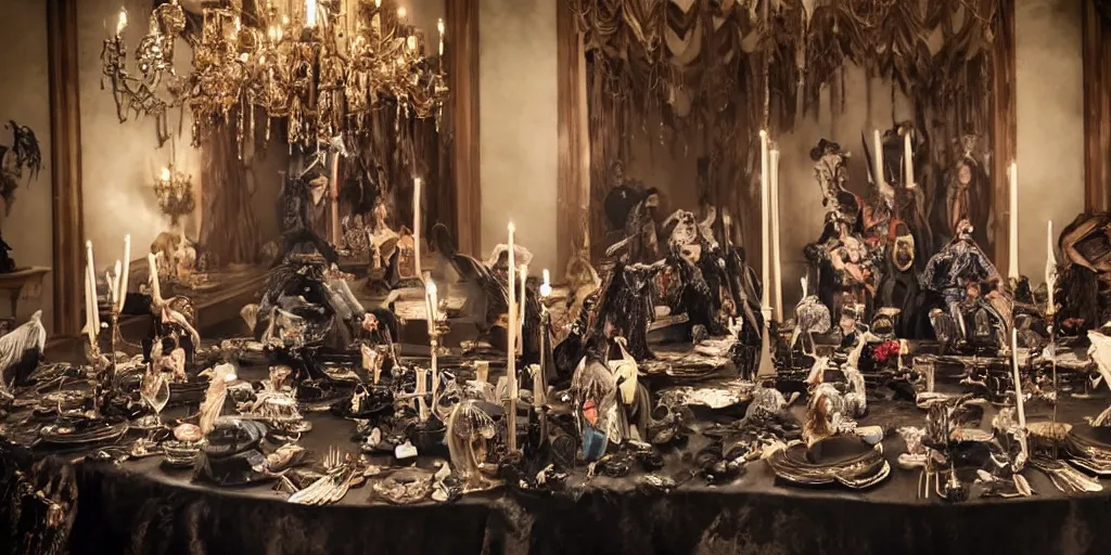 Prompt: photo taken of an epic intricate, ultra detailed, super realistic stop motion puppets of a majestic gracious regal aristocratic vampires in an indoor banquet hall filmset created by weta workshop directed by tim burton, menacing, wide angle, moody full body shot, photorealistic, sharp focus, gloomy, extremely cold blueish colour temperature, 3 5 mm, f 1. 4