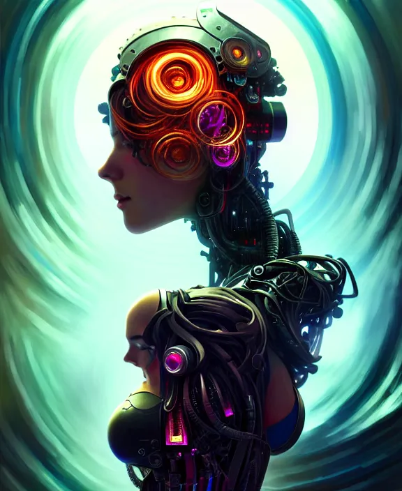 Image similar to whirlwind souls rushing inside metaverse, half body, tiara, robotic, android, cyborg, cyberpunk face, steampunk, by loish, d & d, fantasy, intricate, elegant, highly detailed, colorful, vivid color, digital painting, artstation, concept art, art by artgerm and greg rutkowski and ruan jia