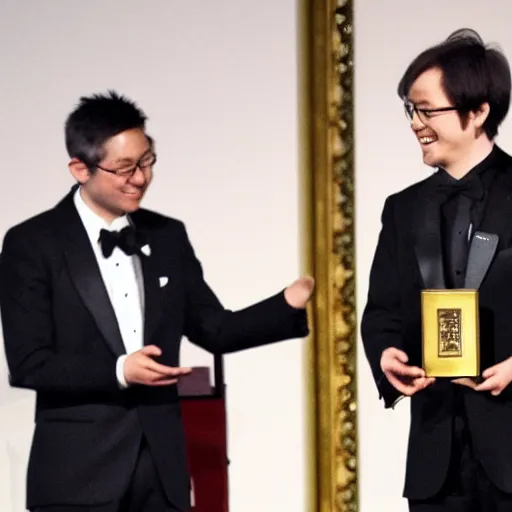 Prompt: photo of video game yoshi accepting nobel prize, highly detailed