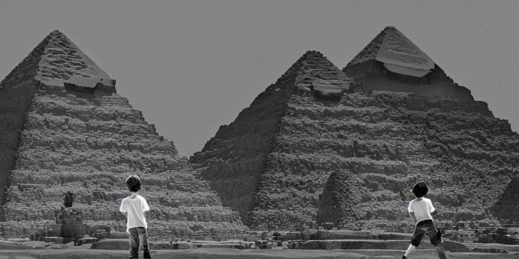 Image similar to landscape, steve jobs and a boy with purple hair in front of the pyramids, hyperrealism, intricate, 8 k, high detail