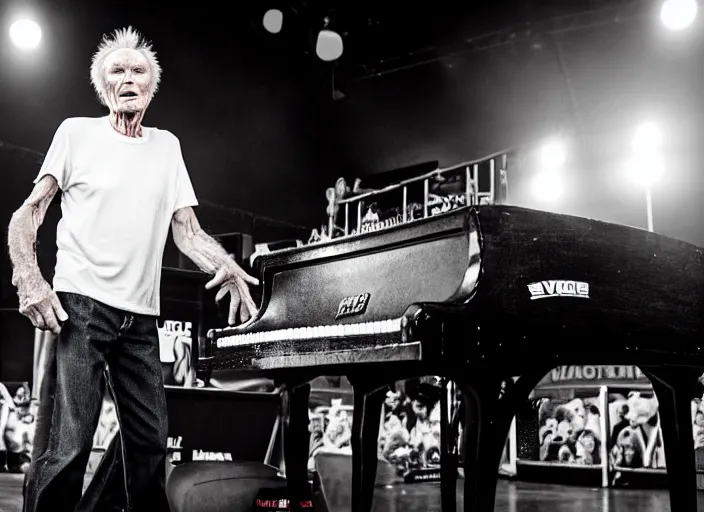 Prompt: photo still of clint eastwood on stage at vans warped tour!!!!!!!! at age 6 8 years old 6 8 years of age!!!!!!!! playing a piano on fire, 8 k, 8 5 mm f 1. 8, studio lighting, rim light, right side key light