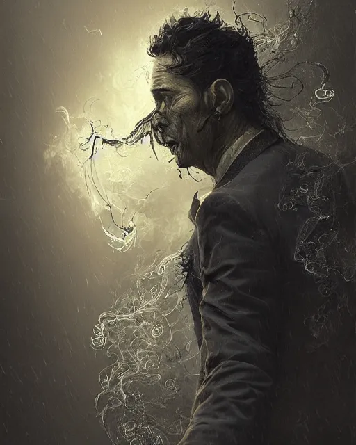 Image similar to a highly detailed portrait of devious male magician radiating a powerful energy aura, ornate back tuxedo, wispy tendrils of smoke, intricate, digital painting, old english, raining, sepia, particles floating, whimsical background by marc simonetti, artwork by liam wong