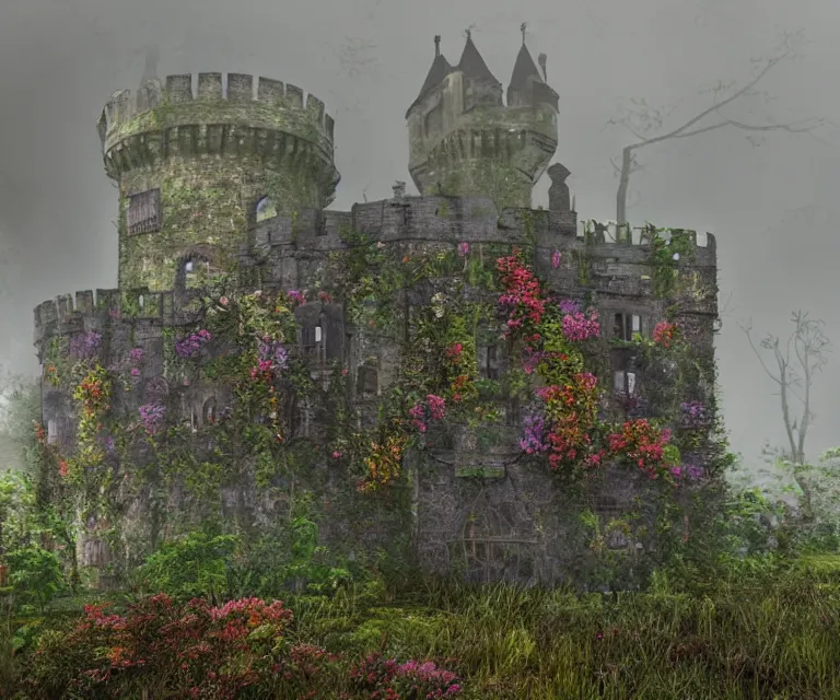 Image similar to old rundown castle in the middle of a haunted forest, foggy, high fantasy, colorful flowers, aged vegetation, photorealism