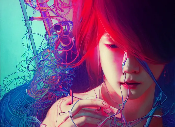 Prompt: harmony of, mute, neon lights, blind fold, neon absinthe tears ( portrait of bts jimin blood sweat & tears ) by wlop, james jean, victo ngai, beautifully lit, muted colors, highly detailed, fantasy art by craig mullins, thomas kinkade