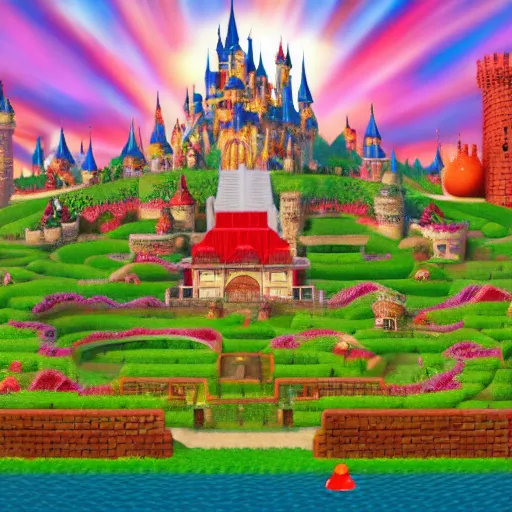 Prompt: large fantasy castle in the style of peaches castle in super mario, giant red and white spotted mushrooms, exotic flowers, roses, in a huge garden, sharp rays of sunlight, mortal engines howls moving castle, distant - mid - shot, fantasy, hyper detailed, 4 k