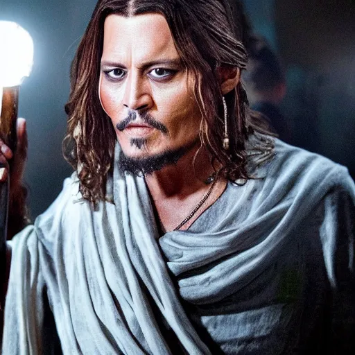 Image similar to stunning awe inspiring johnny depp as the jesus christ, movie still 8 k hdr atmospheric lighting