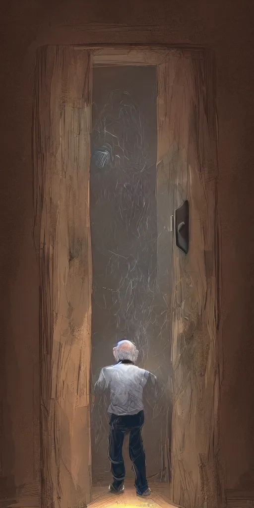 Image similar to old man going through a door to another dimension, fantasy, 4 k, digital art,