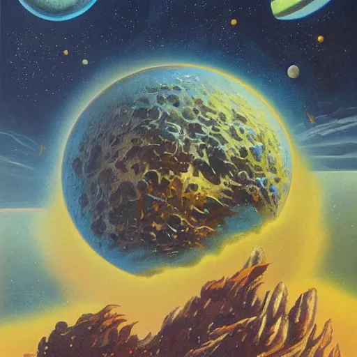 Image similar to vintage poster of a savage wild alien planet, sea, highly detailed, oil painting, - h 7 6 8
