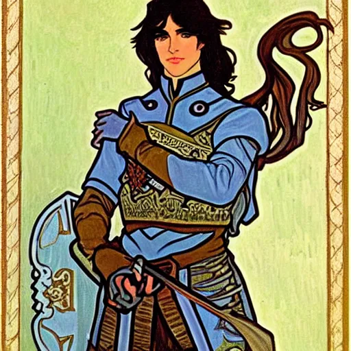 Image similar to painting of young handsome beautiful paladin elf! man with long wavy dark hair in his 2 0 s named shadow taehyung at the blueberry party, wearing armor!, elegant, clear, painting, stylized, delicate, soft facial features, art, art by alphonse mucha, vincent van gogh, egon schiele,