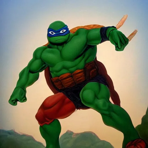 Prompt: Michaelangelo from the Teenage Mutants Ninja Turtles painted by Michaelangelo, masterpiece