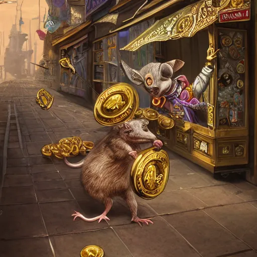 Image similar to anthropomorphized rat thief stealing gold coins from a shop, wearing fancy hat and clothes, concept art, insanely detailed and intricate, hypermaximalist, elegant, ornate, hyper realistic, super detailed, art deco, cinematic, trending on artstation, magic the gathering artwork