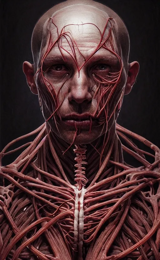 Image similar to portrait of a dark god, bloody wires, visible veins and nerves and muscles and bones and arteries, intricate, headshot, highly detailed, digital painting, artstation, concept art, sharp focus, cinematic lighting, illustration, art by artgerm and greg rutkowski, alphonse mucha, cgsociety