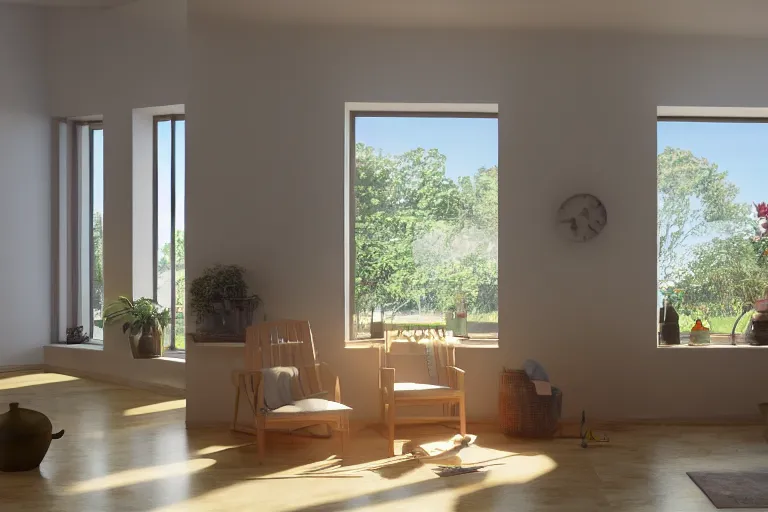 Image similar to rays of the sun shining through the window of the village house. very beautiful, warm shiny colors, octane render