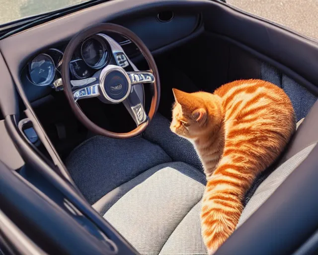 Image similar to top view of convertible, cat sitting in driver seat with paws on steering wheel, golden hour