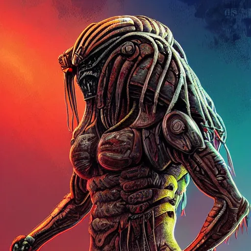 Image similar to character digital painting of an alien with dreadlocks and high tech armor, The Predator, Yautja, by Dan Mumford, hyperdetailed