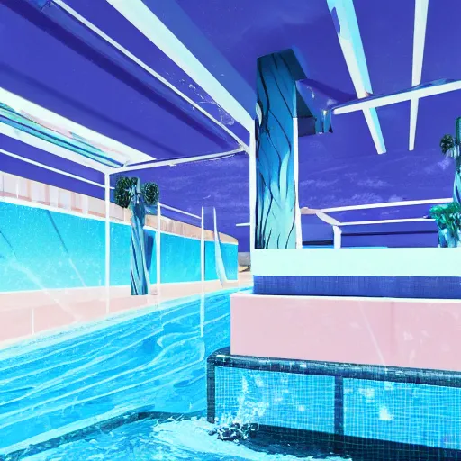 Prompt: vaporwave style swimming pool with nobody