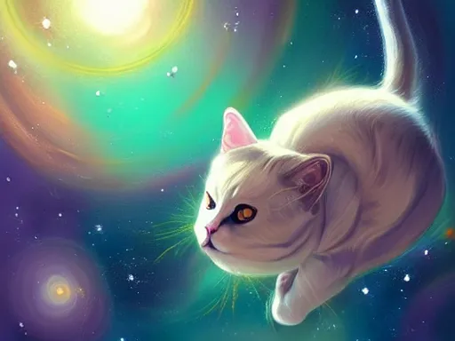 Prompt: cat in space, digital painting, elegant, beautiful, highly detailed, artstation, concept art