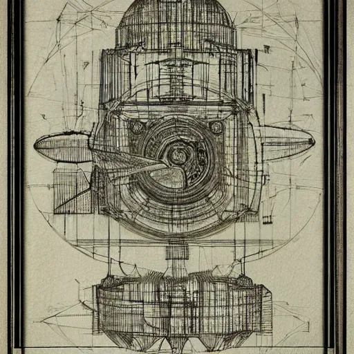 Image similar to leonardo da vinci color intricate full page scan blueprint of an environmental turbine machine, on paper, black ball pen style, :: ultra-detailed technical precision :: mixed media with white and silver lines, realistic composition, point of interest at golden ratio, light from right, more darkness on the bottom, monumentally art composition, high quality of sketching with subtle hairlines, highly detailed rounded forms, inside out and outside in, octane render