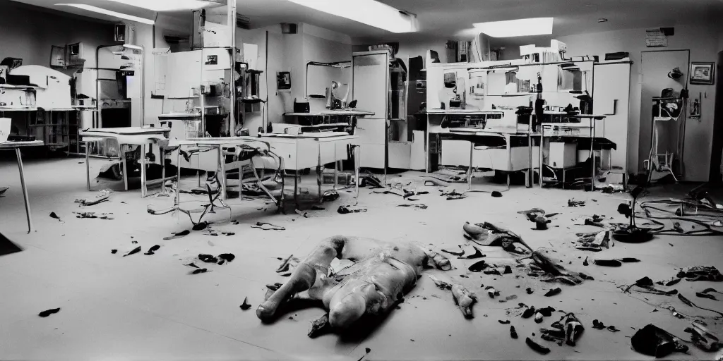 Prompt: filmic extreme wide shot dutch angle movie still 35mm film color photograph of a doctor completely dismembered, body parts strewn across a lab room floor in pools of fresh blood in the style of a horror film