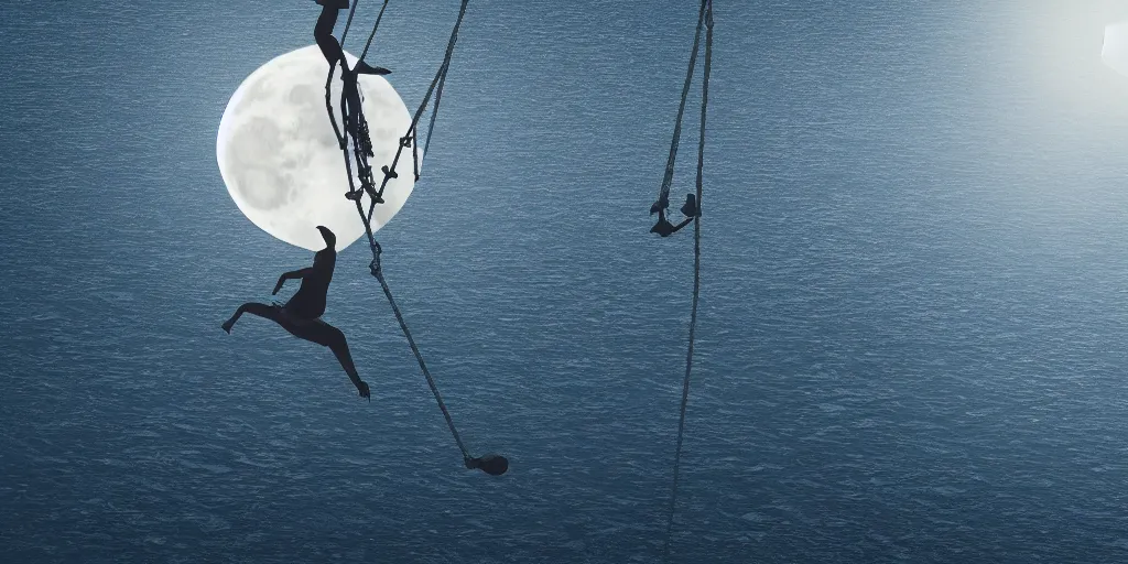 Prompt: a person swinging on a swing over the ocean the swing is connected to the moon, award winning, 4k, volumetrics, digital art