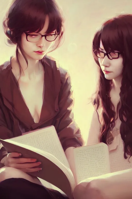 Prompt: portrait of two wise and very beautiful women reviewing some texts, art by guweiz, elegant, highly detailed, smooth, sharp focus, artstation