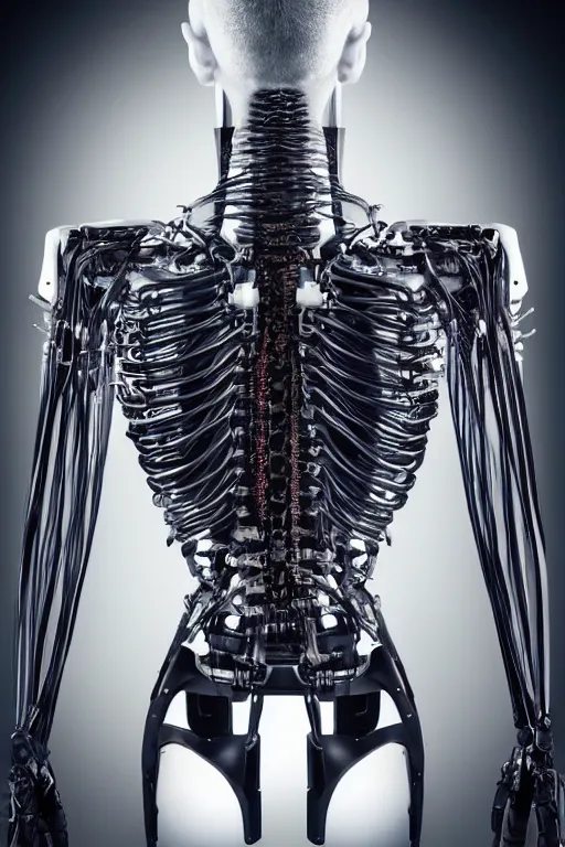 Prompt: symmetry!! beautiful cybernetic android craniun longshot + spinal cord cables, medical anatomy, based on elysium movie, very symmetrical exoskeleton hydraulic valve, rectilinear robotic muscular transmission derailleur with curvy muscular back view neck muscles in the black crystal cube, cinematic photo, by vitaly bulgarov