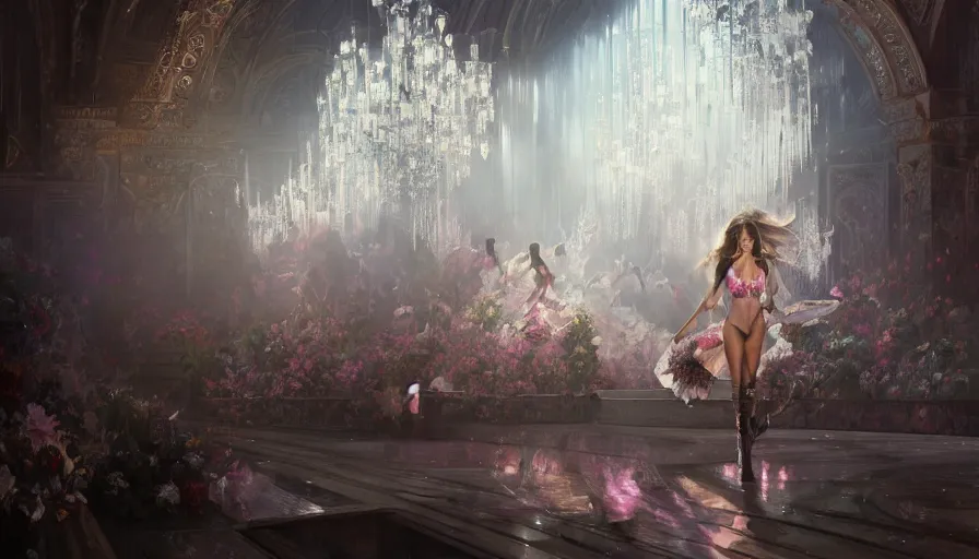 Prompt: victoria secret runway show, light, shadows, reflections, flowers, epic composition, intricate, elegant, volumetric lighting, digital painting, highly detailed, artstation, sharp focus, illustration, concept art, ruan jia, steve mccurry, greg rutkowski, mina petrovic, timothy kong, marina federovna, masterpiece, iconic