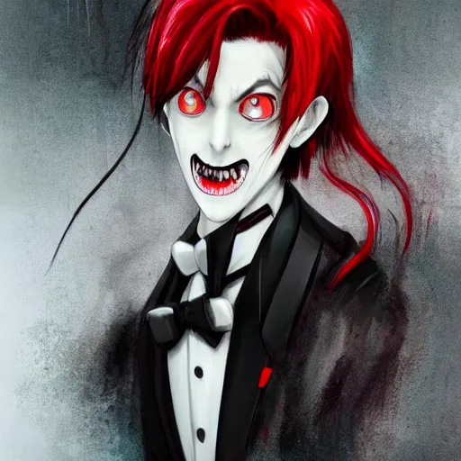 Image similar to full face shot of a butler with straight black hair and a red streak, long bangs, with black eyes, yellow pupils, creepy smile, alert, fancy bridegroom, ultra detailed, brush strokes, digital painting, cinematic, wlop artstation, pixiv, intimidating, deep darks, glare, evil, yoshitaka amano, junji ito,