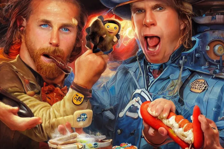 Image similar to portrait of wwf shawn michaels and thomas the tank engine sharing hotdogs, an oil painting by ross tran and thomas kincade