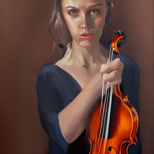 Prompt: violin character playing a woman, oil painting, artstation, dramatic lighting, symmetry, beautiful