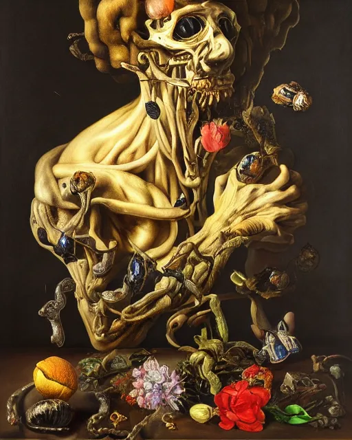 Image similar to refined gorgeous blended oil painting with black background by christian rex van minnen rachel ruysch dali todd schorr of a chiaroscuro portrait of an extremely bizarre disturbing mutated man made of still life flowers and rubber insects with shiny skin acne dutch golden age vanitas intense chiaroscuro cast shadows obscuring features dramatic lighting perfect symmetry perfect composition masterpiece