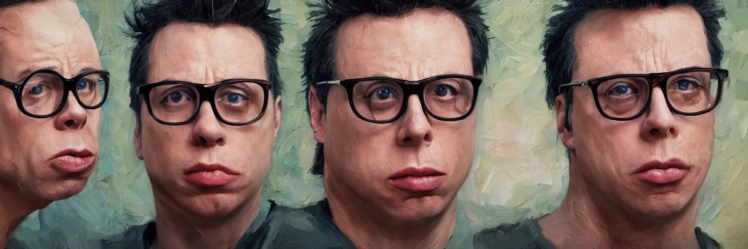 Prompt: colorful oil painting of character faces, realistic todd solondz and john travolta, glasses, disturbed, angry, character sheet, fine details, concept design, contrast, kim jung gi, greg rutkowski and da vinci, 8 k, emotional, face turnaround 3 6 0, front view, back view, side view, ultra wide angle