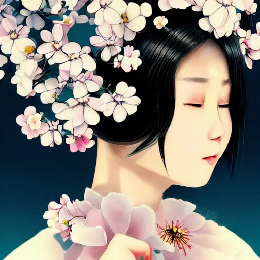 Image similar to little chinese girl with flowers in hair wearing an white dress. art by ilya kuvshinov, profile picture, inspired in hirohiko araki, realistic, highly detailed, 8 0 s anime art style, vogue cover