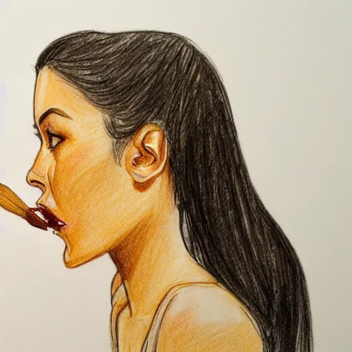 Image similar to drawing of a beautiful young woman that is about to bite into a banana, pencil sketch, profile, side view, close camera