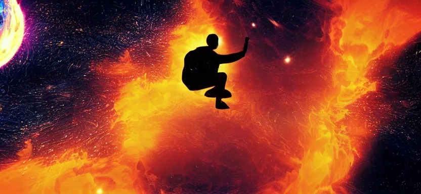 Image similar to silhouette of a man floating inside a burning sun in outer space, digital art, extreme detail