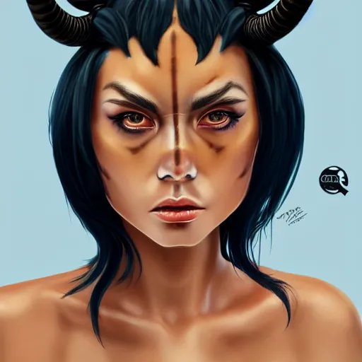 Image similar to illustrated realistic portrait of ram-horned devil woman with blue bob hairstyle and her tan colored skin and with solid black eyes wearing leather by rossdraws