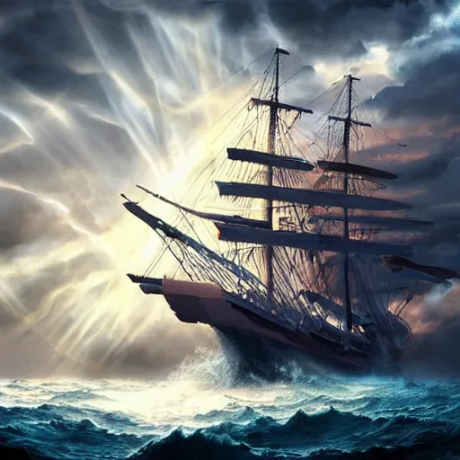 Image similar to pirate ship from one piece sailing, dynamic sky, storm sky, with light piercing through stormy clouds, birds near the ship, rough sea, crepuscular rays, volumetric lighting, pixiv art, cgsociety, highly detailed