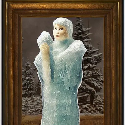 Image similar to painting of frozen medieval peasant ice statue, dark fantasy, fairytale