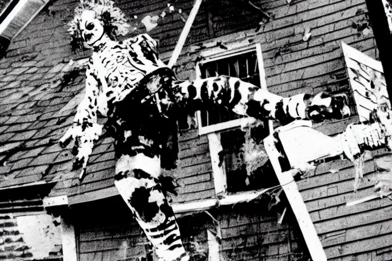 Prompt: A terrible clown chainsaw falls from the roof of a wooden house, 1960, black and white photography