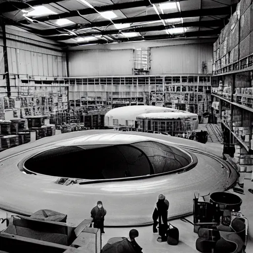 Image similar to scientists studying a simplistic oval shape spacecraft in a warehouse, 1 9 6 0's sci - fi, black and white, 8 k, highly ornate intricate details, extreme detail,