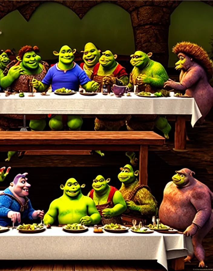 Prompt: shrek at the last supper table