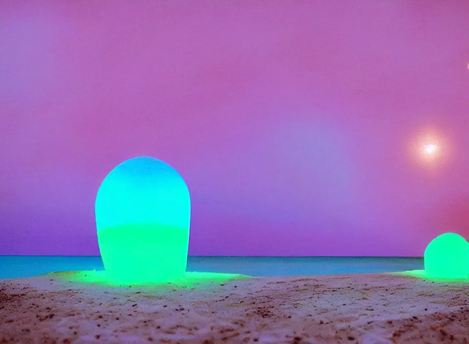 Image similar to a pastel coloured vintage family holiday photo of an empty beach from an alien dreamstate world with chalky pink iridescent!! sand, reflective lavender ocean water, dim bioluminescent plant life and an igloo shaped shiny plastic transparent festival box speakers!!. glare. refraction, volumetric light.